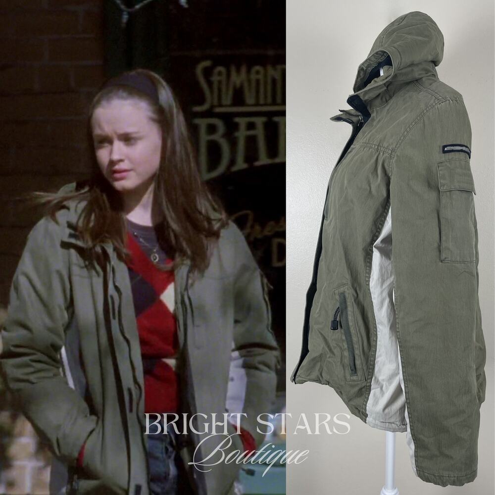 Rare Vintage Green Coat ASO Rory Gilmore Girls Y2K Fall Winter Jacket Hood - Picture 3 of 8